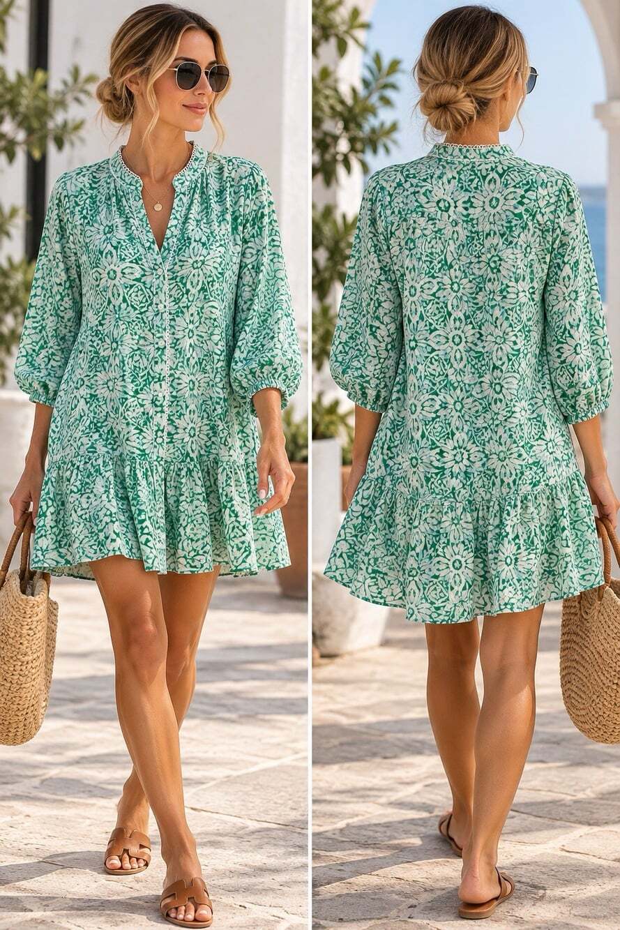 Zara Green White Floral Print Cotton Tiered Mini Dress Size M